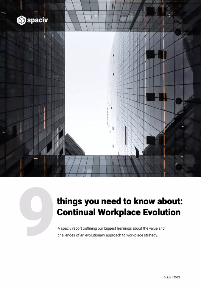 Cover picture of the report: 9 things we learned about dynamic workplace strategy with a view of an office high-rise